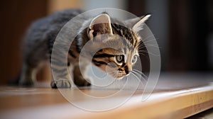 Striped tabby kitten walks across board