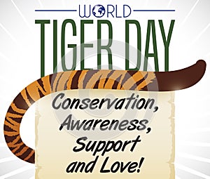 Striped Tail, Scroll with Precepts and Globe for World Tiger Day, Vector Illustration