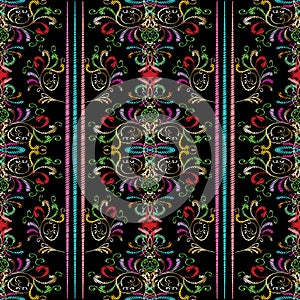 Striped tapestry Baroque seamless pattern. Floral background wit