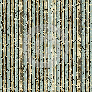 Striped vector seamless pattern. Gold and black contours of abstract flowers and leaves on striped turquoise background