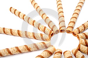 Striped wafer tubules with a chocolate cream, isolated 2 photo