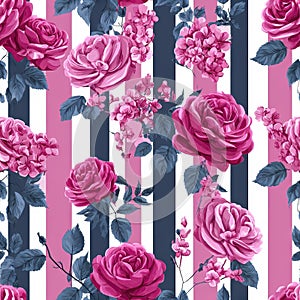 Striped wallpaper with pink roses vertical.
