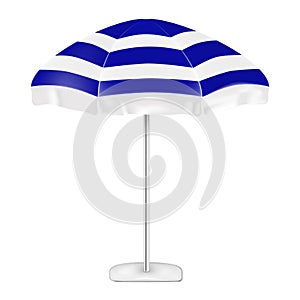 Striped white and blue beach umbrella on stainless steel pole vector mockup. Outdoor garden parasol stand mock-up