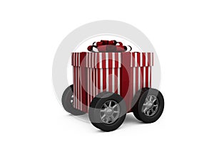 Striped white and red gift box with wheels