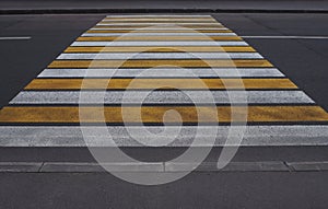 Striped yellow and white pedestrian zebra crossing on gray asphalt, abstract background