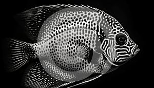 Striped zebra balloonfish swimming in coral reef underwater generative AI