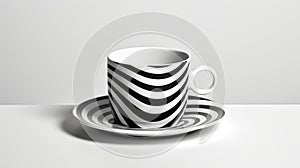 Striped Zig Zag Coffee Cup On White Saucer - Rendered In Cinema4d