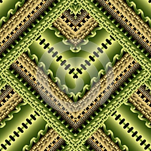 Striped zigzag 3d greek vector seamless pattern. Bright green geometric trendy background. Ornamental tribal ethnic style repeat