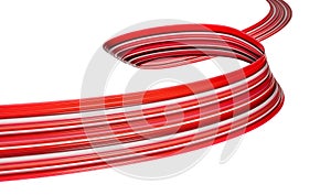 Stripes, abstract effect, paint splash, colorful curl, artistic spiral. Vivid red ribbon on black background. 3d illustration
