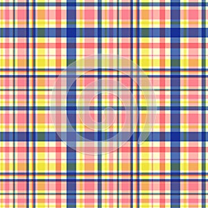 Stripes geometric seamless pattern, simple checkered print, striped combination of shades of blue, yellow and pink