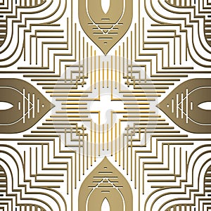 Stripes lines and curves ornamental geometric gold luxury seamless pattern. Modern vector white striped background with golden