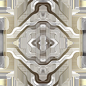 Stripes lines and curves ornamental geometric gold luxury seamless pattern. Modern vector white striped background with golden