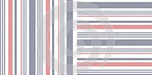 Textile pattern in blue, red, white. Herringbone textured vertical and horizontal irregular stripes background.