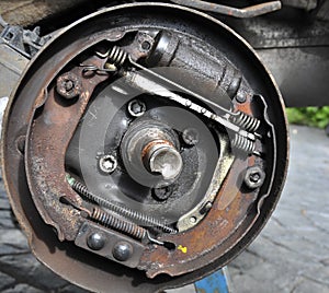 Stripped Down Rear Drum Brakes on a Peugeot Motor Car photo