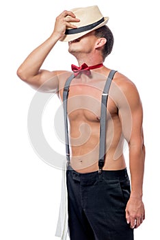 Stripper dancer in the role of a waiter performs a dance