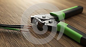 Stripping Electrical Wire with Wire Stripper Tool on Wooden Surface