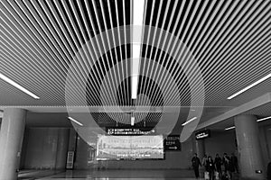 Strips ceiling of the new railway station hall black and white image