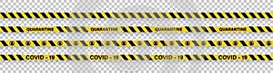 Strips of quarantine. Warning coronavirus quarantine yellow and black stripes. Isolated on transparent background. Vector