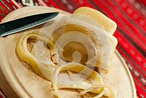 Strips of raw pork rind with salt, romanian cuisine delicacy