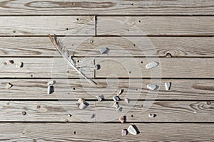 Strips of wood with stones and feather