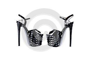 Striptease shoes. High-heeled shoes. Strips of three for poledance, exotic, strip of plastic. strips for the store catalog. photo