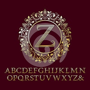 Stripy gold letters with Z initial monogram. Baroque style font