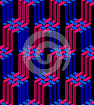 Stripy mesh weaving cubes seamless pattern, 3D abstract vector background for wallpapers, op art dimensional optical illusion