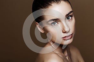 Strobing or Highlighting makeup. Closeup portrait of beautiful g