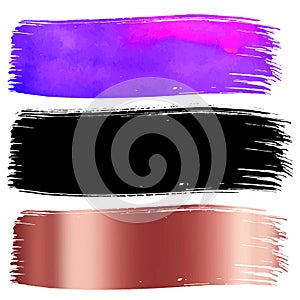 Stroke patterns. Set of brush stains, stroke, line collection, texture swatches, isolated black and watercolor violet paint, rose