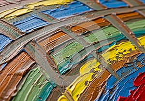 Strokes of oil paint cover the canvas in a dynamic, intersectin