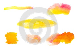 Strokes of yellow, pink, red, orange paint isolated on white background