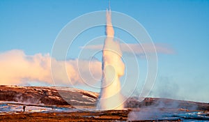 Strokkur geyser erupting Iceland winter photo