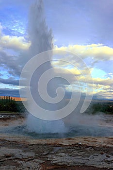 Strokkur Geyser Eruption in Evening Light, Haukadalur, Golden Circle, Western Iceland