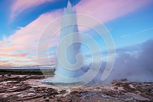 Strokkur geyser eruption in Iceland. Fantastic colors. Beautiful