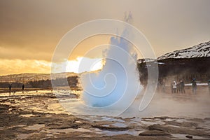 The Strokkur geyser in Iceland is erupting