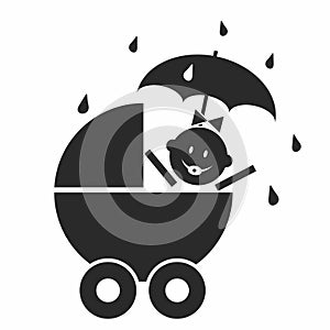 Stroller with umbrella, black icon, baby girl in rain, vector illustration, black silhouette