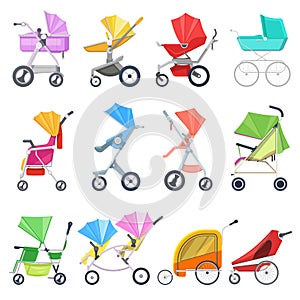 Stroller vector childish buggy or baby-stroller and pram for children or kids carriage illustration set of baby-buggy