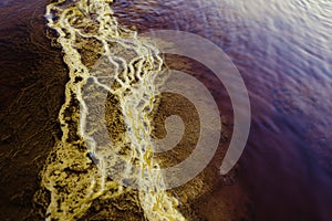 Stromatolites illuminated by the sun and surrounded by red water by minerals, this environment is st