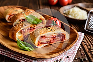 Stromboli stuffed with cheese, salami, green onion and tomato sauce