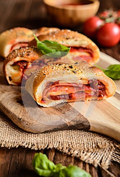 Stromboli stuffed with cheese, salami, green onion and tomato sauce