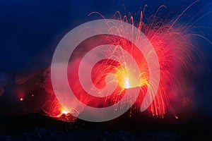 Strombolian Eruption from Stromboli volcano with Lava trails explosion