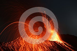 Strombolian eruption volcano Stromboli erupting
