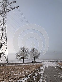 Stromleitungen im Nebel - Power lines in the fog