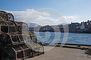 Stromness harbour to the West with lobster pots