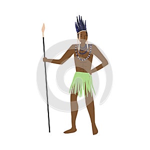 Strong african aborigine warrior with feathers headwear and lance