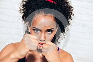 Strong African American Girl Black Woman Fighting For Self Defense photo