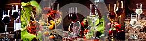 Strong alcoholic drinks, alcohol collection. Liqueurs and liquors in glasses. Rustik style. Photo collage