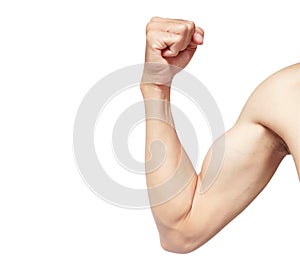 Forte braccio uomo muscolo isolato su sfondo bianco 