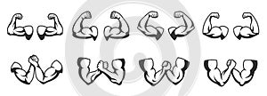 Strong arm muscles. Muscular arms, flexing biceps and fitness or gym stencil cartoon vector illustration set