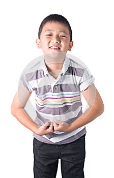Strong Asian boy showing off his biceps flexing muscles his arm, isolated on white background